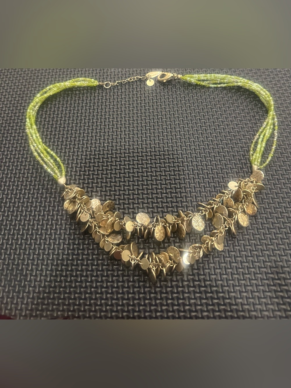 Coldwater Creek Green Beaded Gold-Tone Disc Statement Necklace Earrings Set